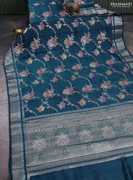 Poona silk saree peacock green with allover thread & zari weaves and zari woven border