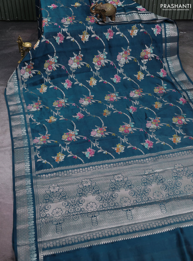 Poona silk saree peacock green with allover thread & zari weaves and zari woven border