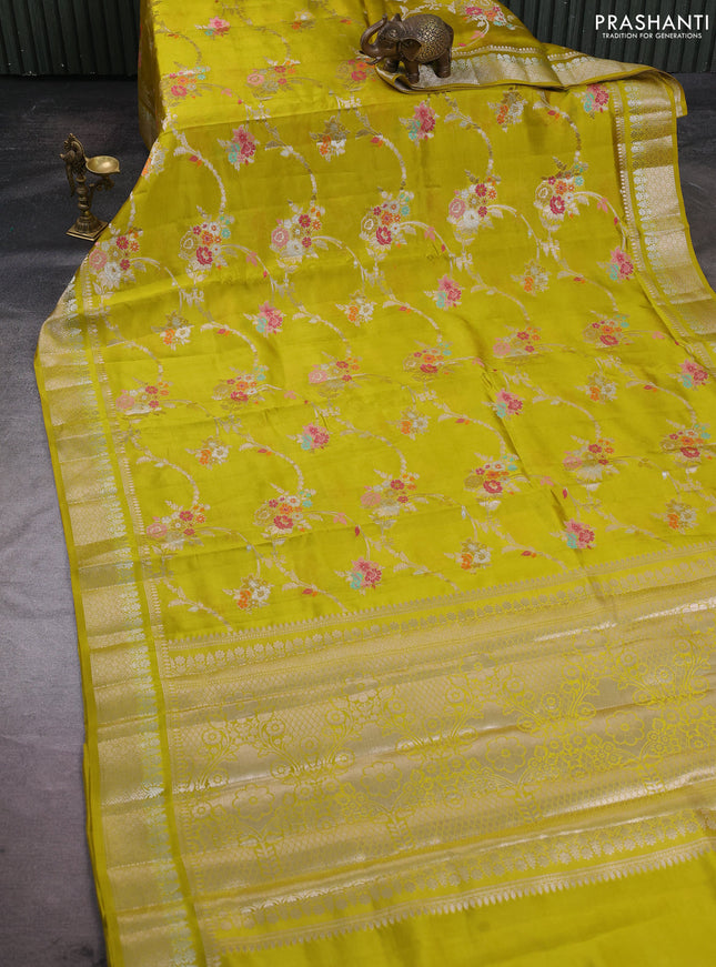 Poona silk saree lime green with allover thread & zari weaves and zari woven border