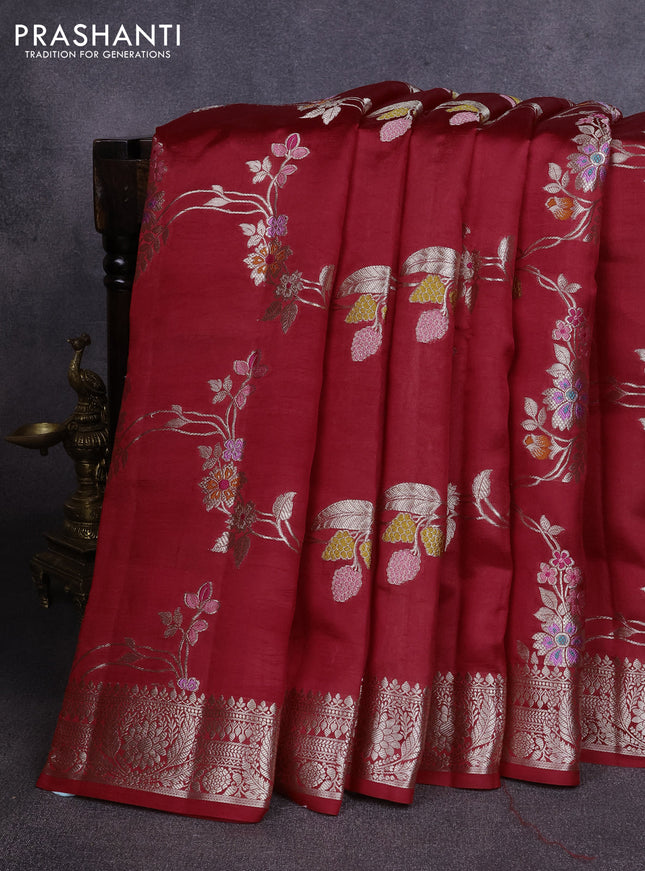 Poona silk saree red with allover thread & zari weaves and zari woven border