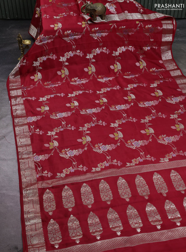 Poona silk saree red with allover thread & zari weaves and zari woven border