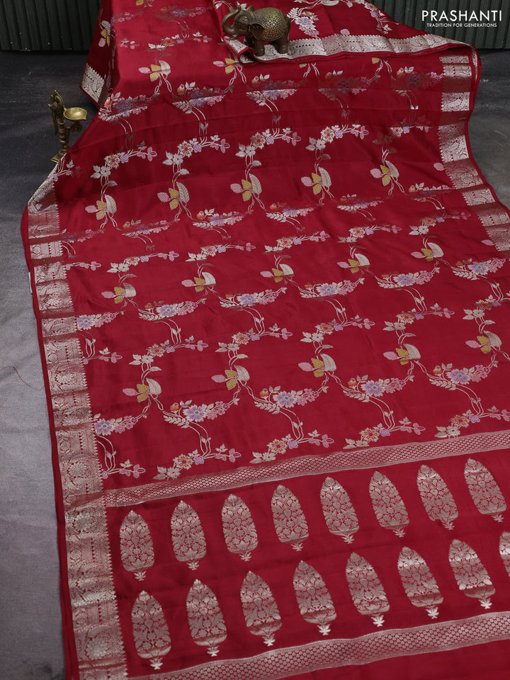 Poona silk saree red with allover thread & zari weaves and zari woven border