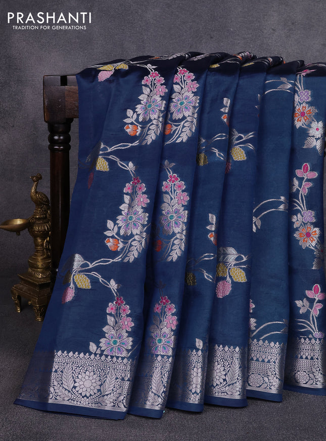 Poona silk saree peacock blue with allover thread & zari weaves and zari woven border