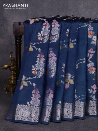 Poona silk saree peacock blue with allover thread & zari weaves and zari woven border