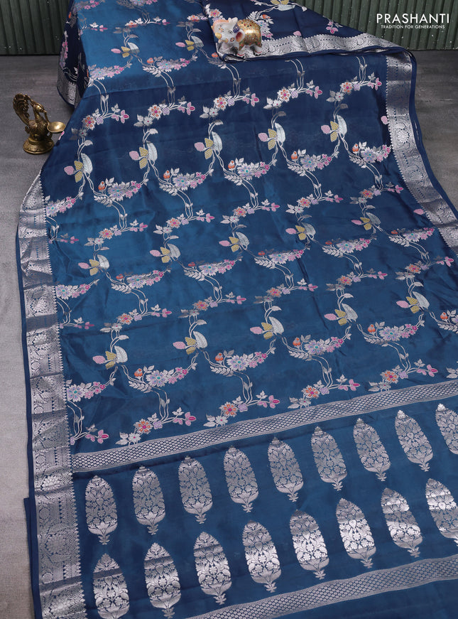 Poona silk saree peacock blue with allover thread & zari weaves and zari woven border