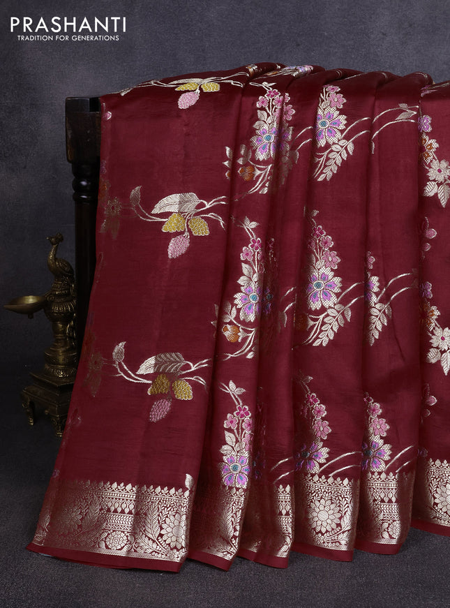 Poona silk saree deep maroon with allover thread & zari weaves and zari woven border