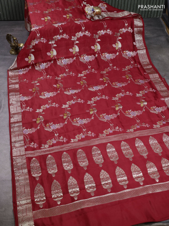 Poona silk saree red with allover thread & zari weaves and zari woven border