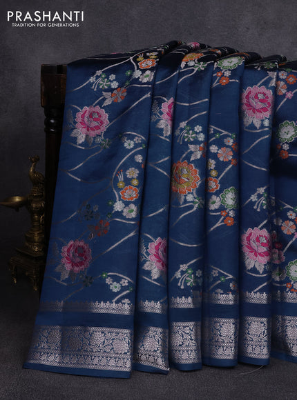 Poona silk saree peacock blue with allover thread & zari weaves and zari woven border