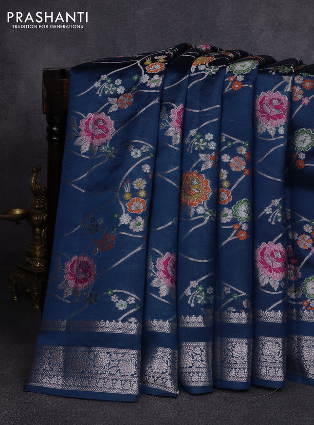 Poona silk saree peacock blue with allover thread & zari weaves and zari woven border