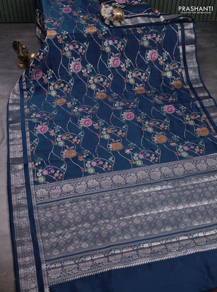 Poona silk saree peacock blue with allover thread & zari weaves and zari woven border
