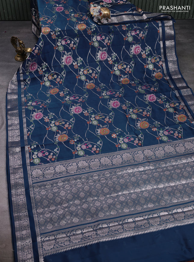 Poona silk saree peacock blue with allover thread & zari weaves and zari woven border