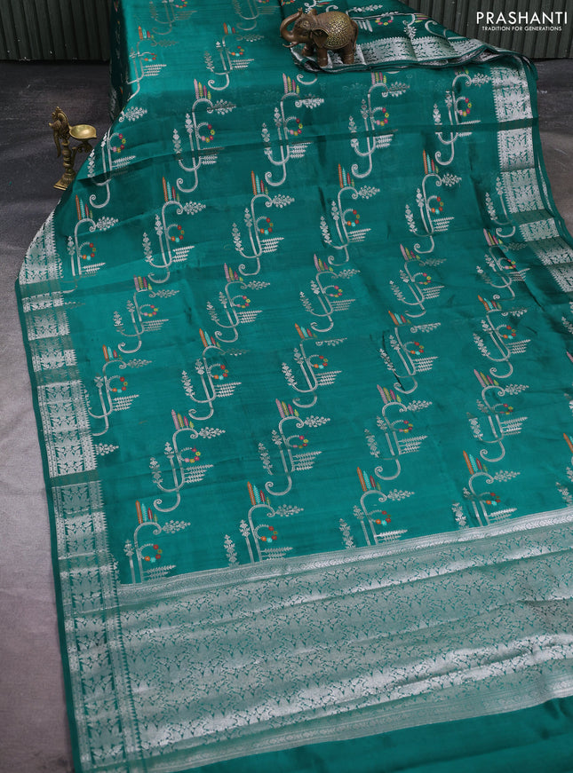 Poona silk saree green with allover thread & zari weaves and zari woven border