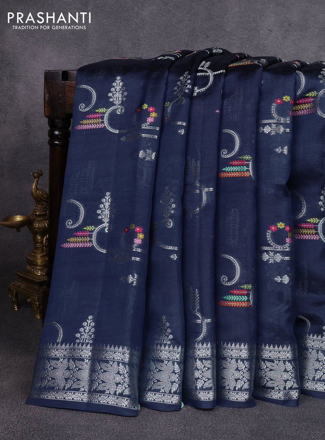 Poona silk saree peacock blue with allover zari weaves and zari woven border