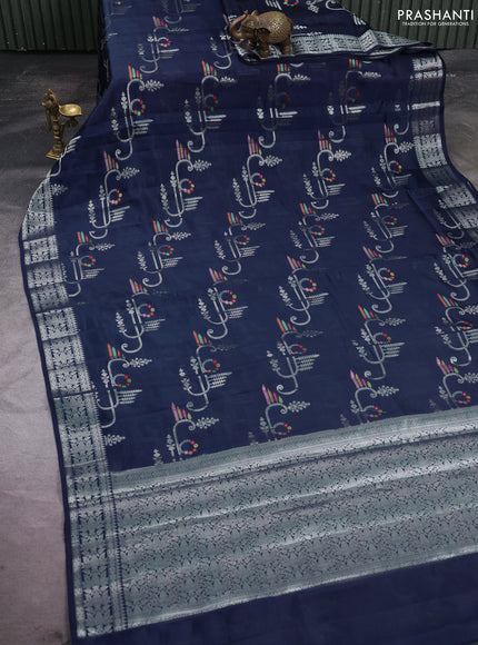 Poona silk saree peacock blue with allover zari weaves and zari woven border