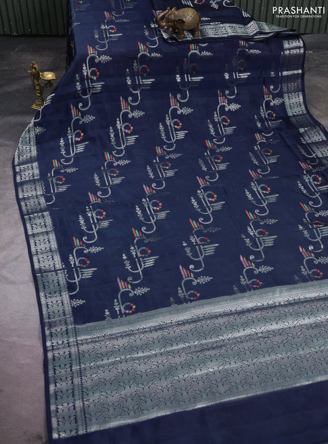 Poona silk saree peacock blue with allover zari weaves and zari woven border
