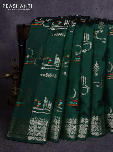 Poona silk saree bottle green with allover zari weaves and zari woven border