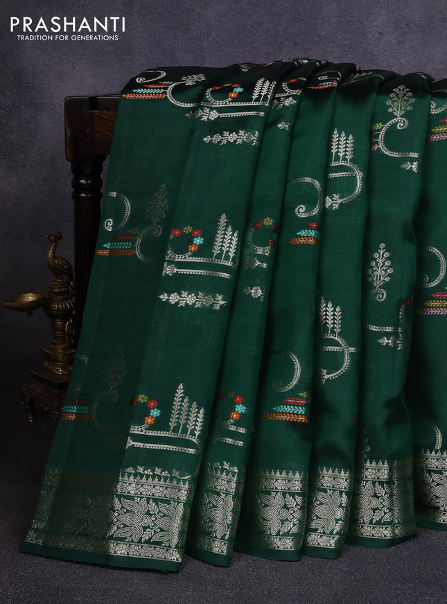 Poona silk saree bottle green with allover zari weaves and zari woven border