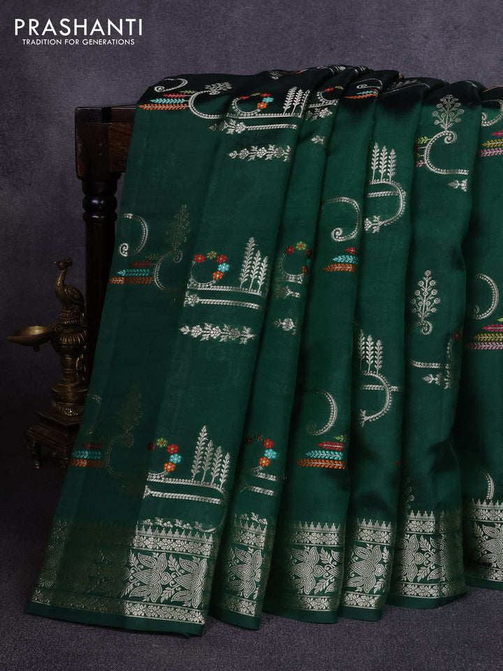 Poona silk saree bottle green with allover zari weaves and zari woven border