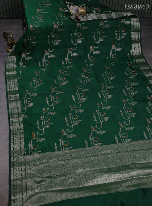 Poona silk saree bottle green with allover zari weaves and zari woven border
