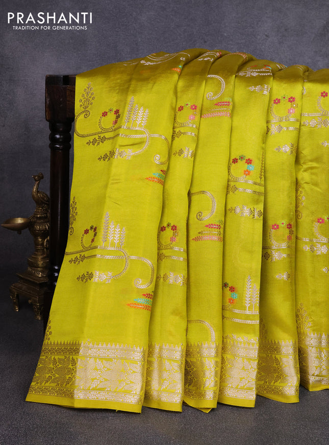 Poona silk saree lime green with allover zari weaves and zari woven border