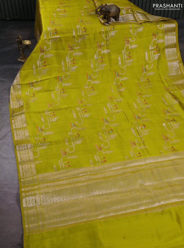Poona silk saree lime green with allover zari weaves and zari woven border
