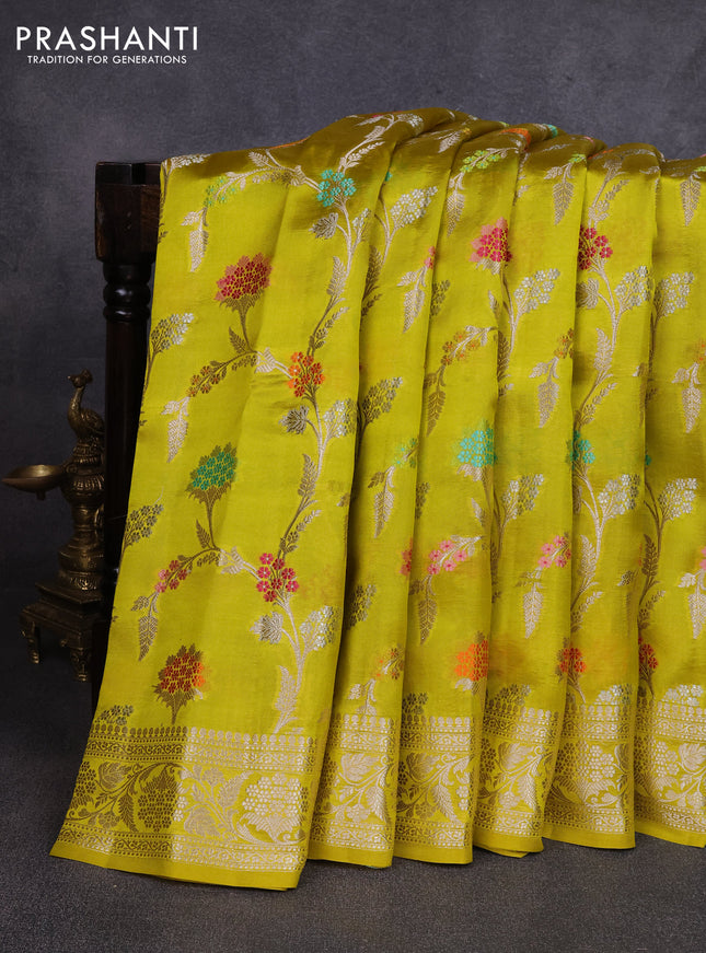 Poona silk saree lime green with allover zari weaves and zari woven border