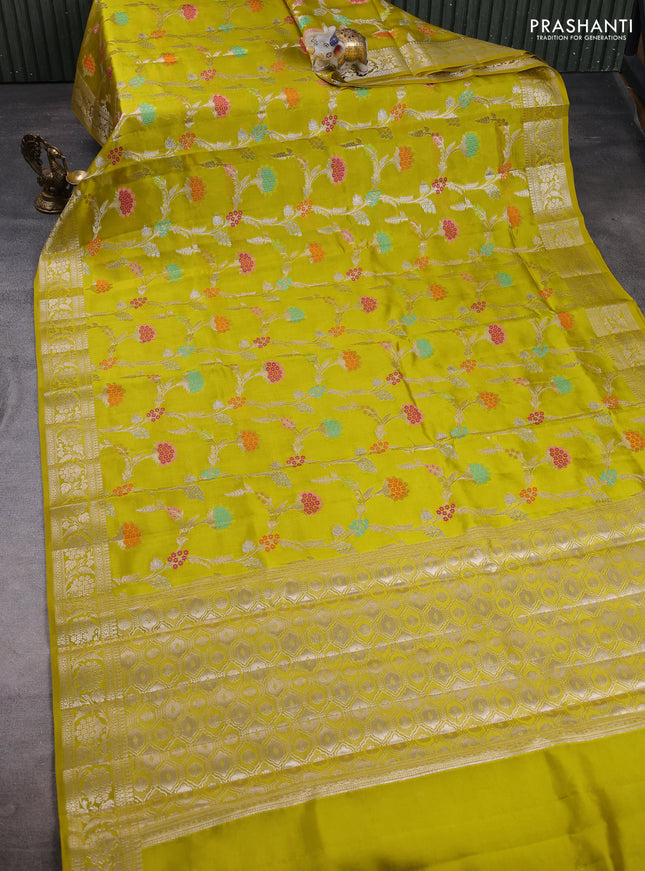 Poona silk saree lime green with allover zari weaves and zari woven border