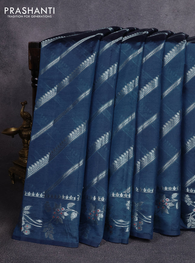 Poona silk saree peacock blue with allover zari weaves and zari woven border