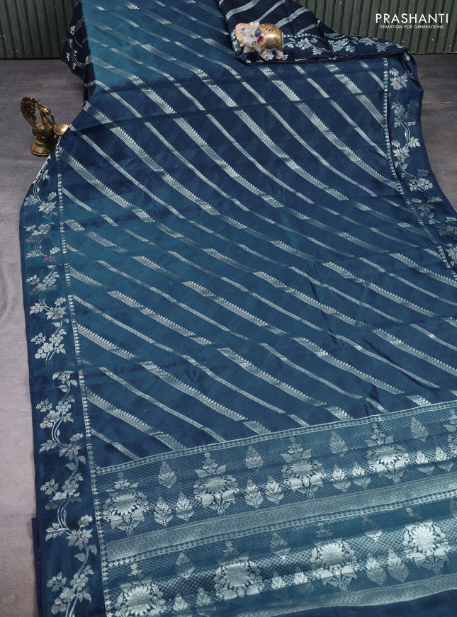 Poona silk saree peacock blue with allover zari weaves and zari woven border