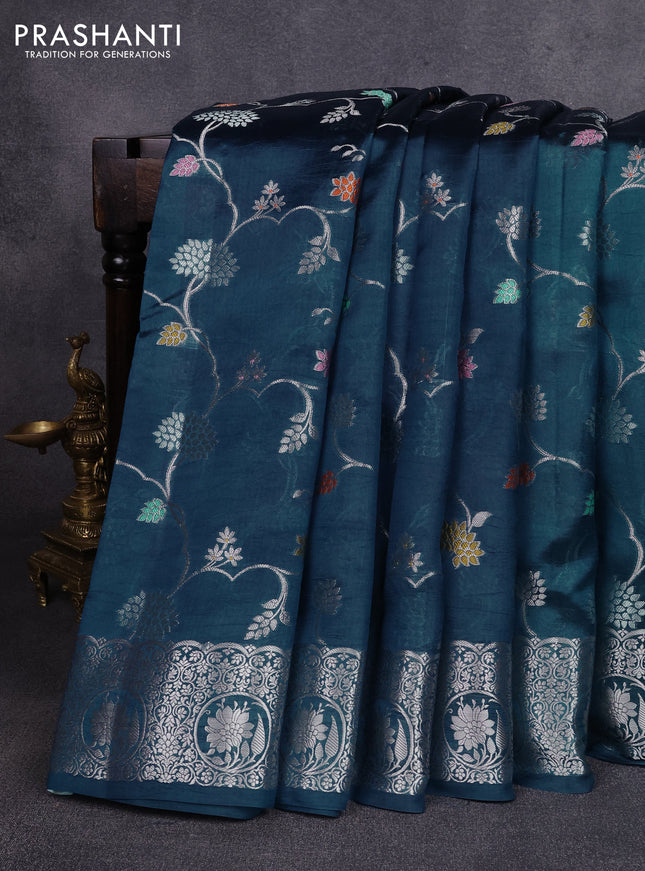 Poona silk saree peacock blue with allover thread & zari weaves and zari woven simple border