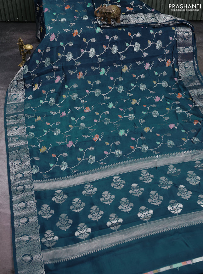 Poona silk saree peacock blue with allover thread & zari weaves and zari woven simple border