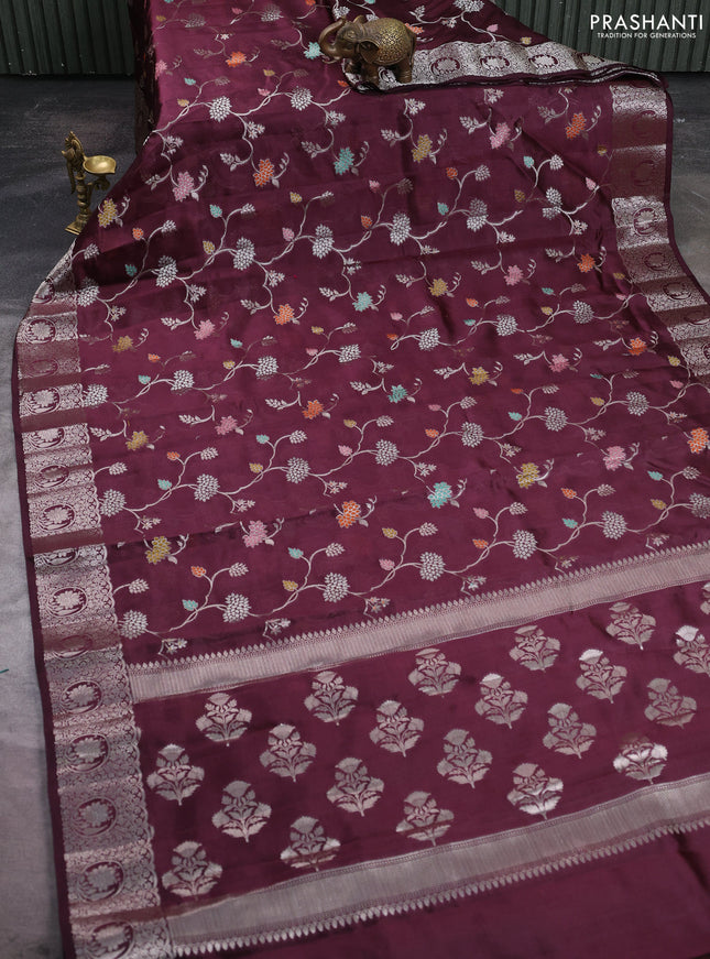 Poona silk saree coffee brown with allover thread & zari weaves and zari woven simple border