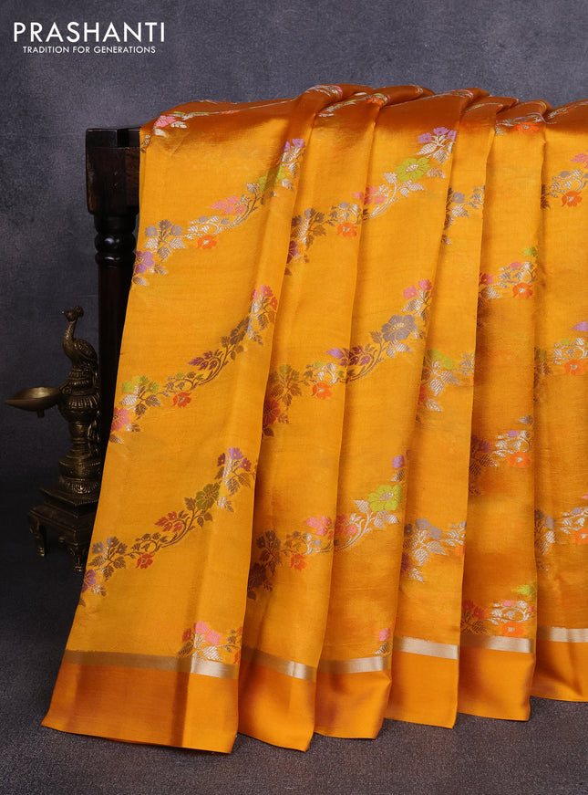 Poona silk saree mango yellow with allover thread & zari weaves and zari woven simple border
