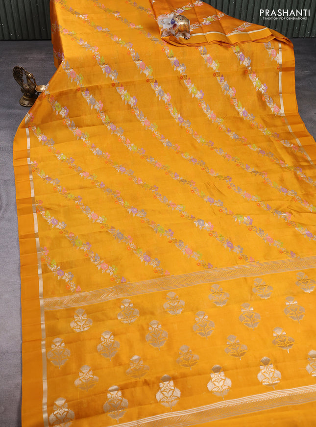 Poona silk saree mango yellow with allover thread & zari weaves and zari woven simple border