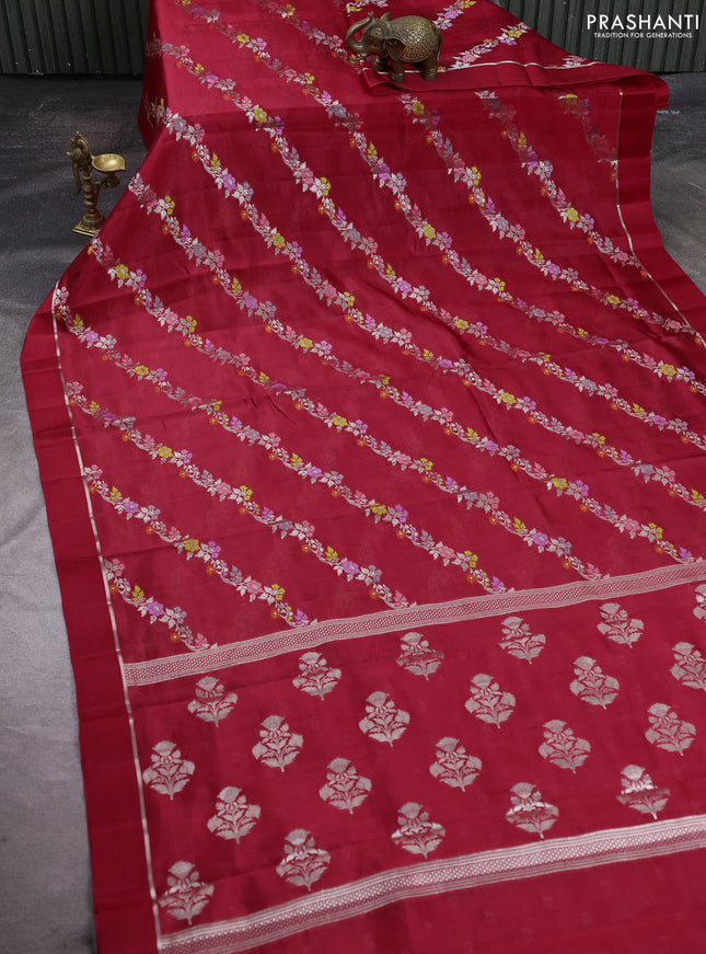Poona silk saree red with allover thread & zari weaves and zari woven simple border