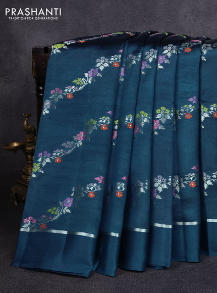 Poona silk saree peacock blue with allover thread & zari weaves and zari woven simple border