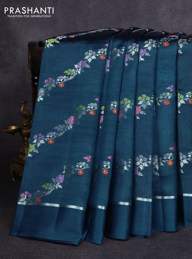 Poona silk saree peacock blue with allover thread & zari weaves and zari woven simple border