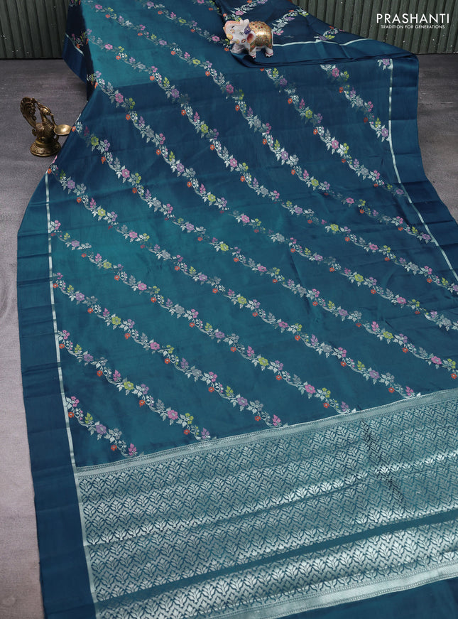 Poona silk saree peacock blue with allover thread & zari weaves and zari woven simple border