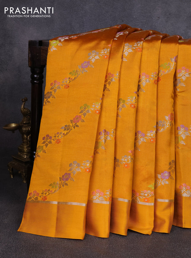 Poona silk saree mango yellow with allover thread & zari weaves and zari woven simple border