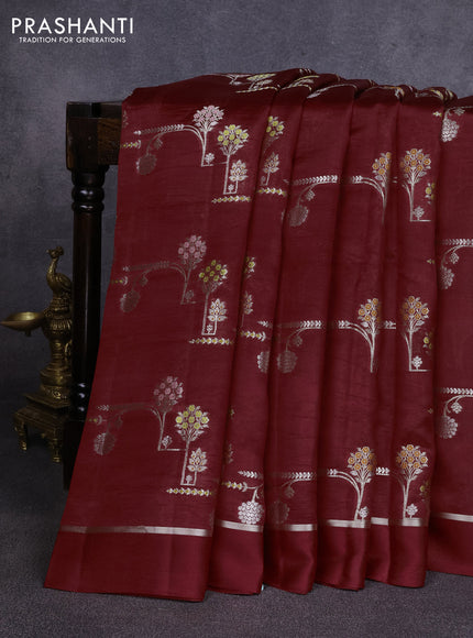 Poona silk saree deep maroon with allover thread & zari weaves and zari woven simple border