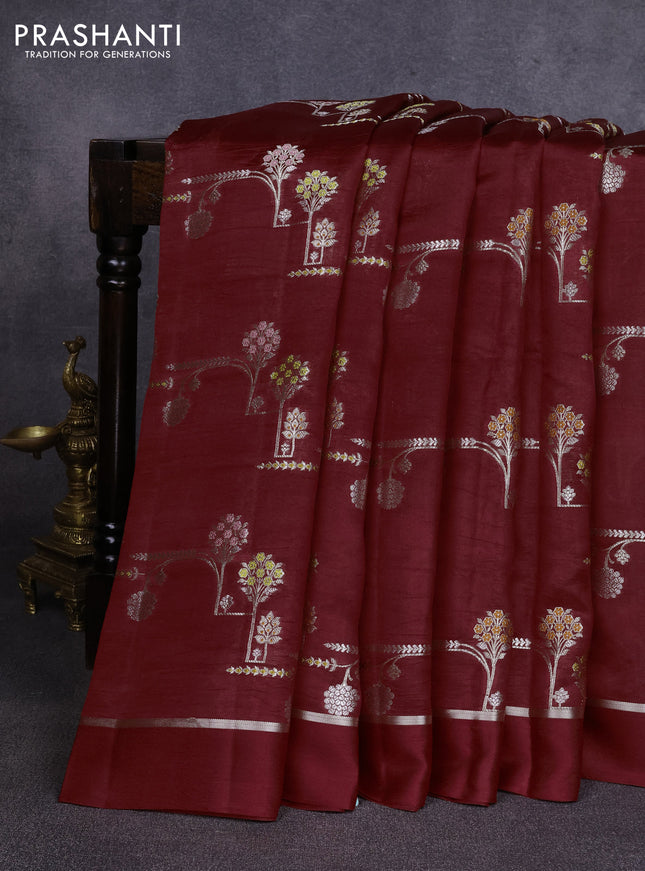 Poona silk saree deep maroon with allover thread & zari weaves and zari woven simple border