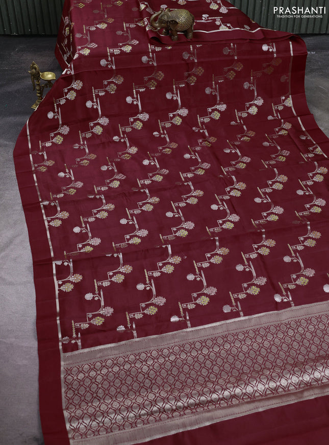 Poona silk saree deep maroon with allover thread & zari weaves and zari woven simple border