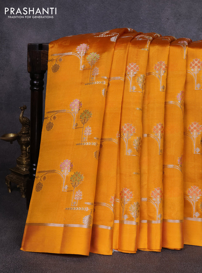 Poona silk saree mango yellow with allover thread & zari weaves and zari woven simple border