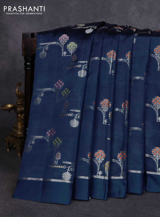Poona silk saree peacock blue with allover thread & zari weaves and zari woven simple border