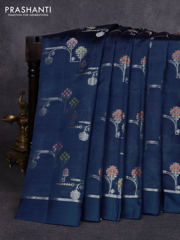 Poona silk saree peacock blue with allover thread & zari weaves and zari woven simple border