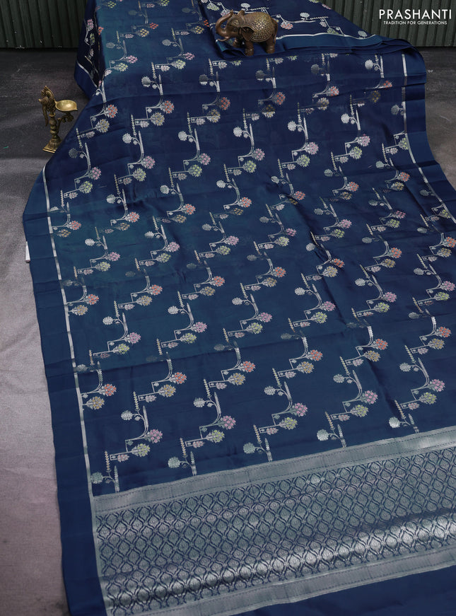 Poona silk saree peacock blue with allover thread & zari weaves and zari woven simple border