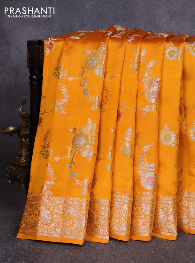 Poona silk saree mango yellow with allover thread & zari weaves and zari woven simple border