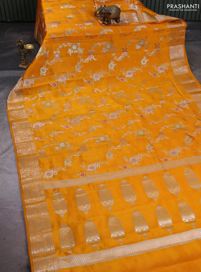 Poona silk saree mango yellow with allover thread & zari weaves and zari woven simple border