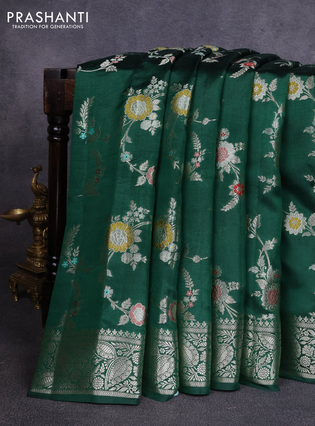 Poona silk saree green with allover thread & zari weaves and zari woven simple border