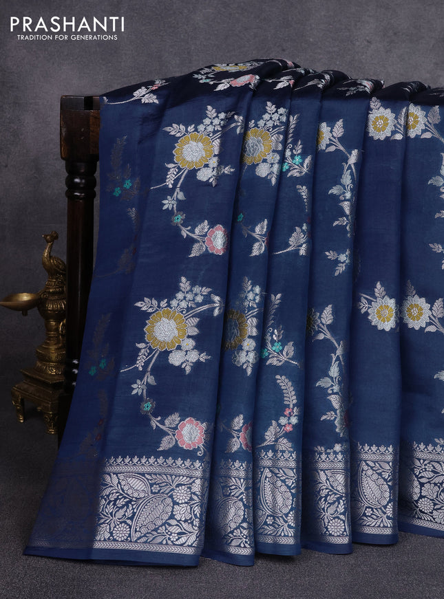 Poona silk saree peacock blue with allover thread & zari weaves and zari woven simple border